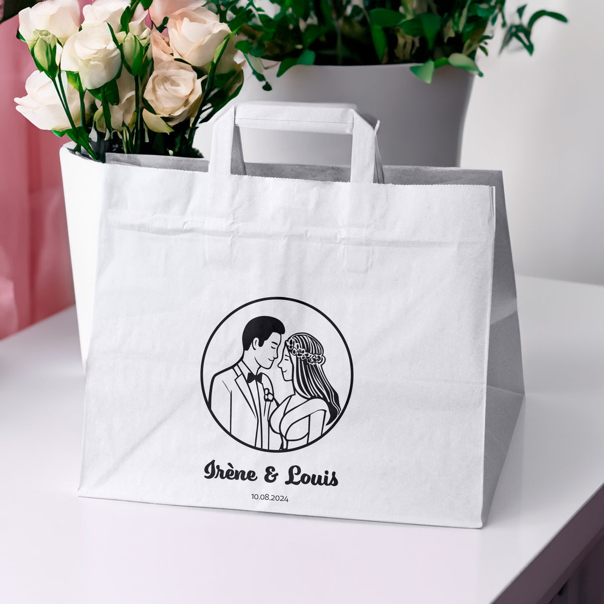 Hochzeitspapiertüten 50 Stück Weiß 320x220x245mm Braut und Bräutigam NAMEN+DATUM