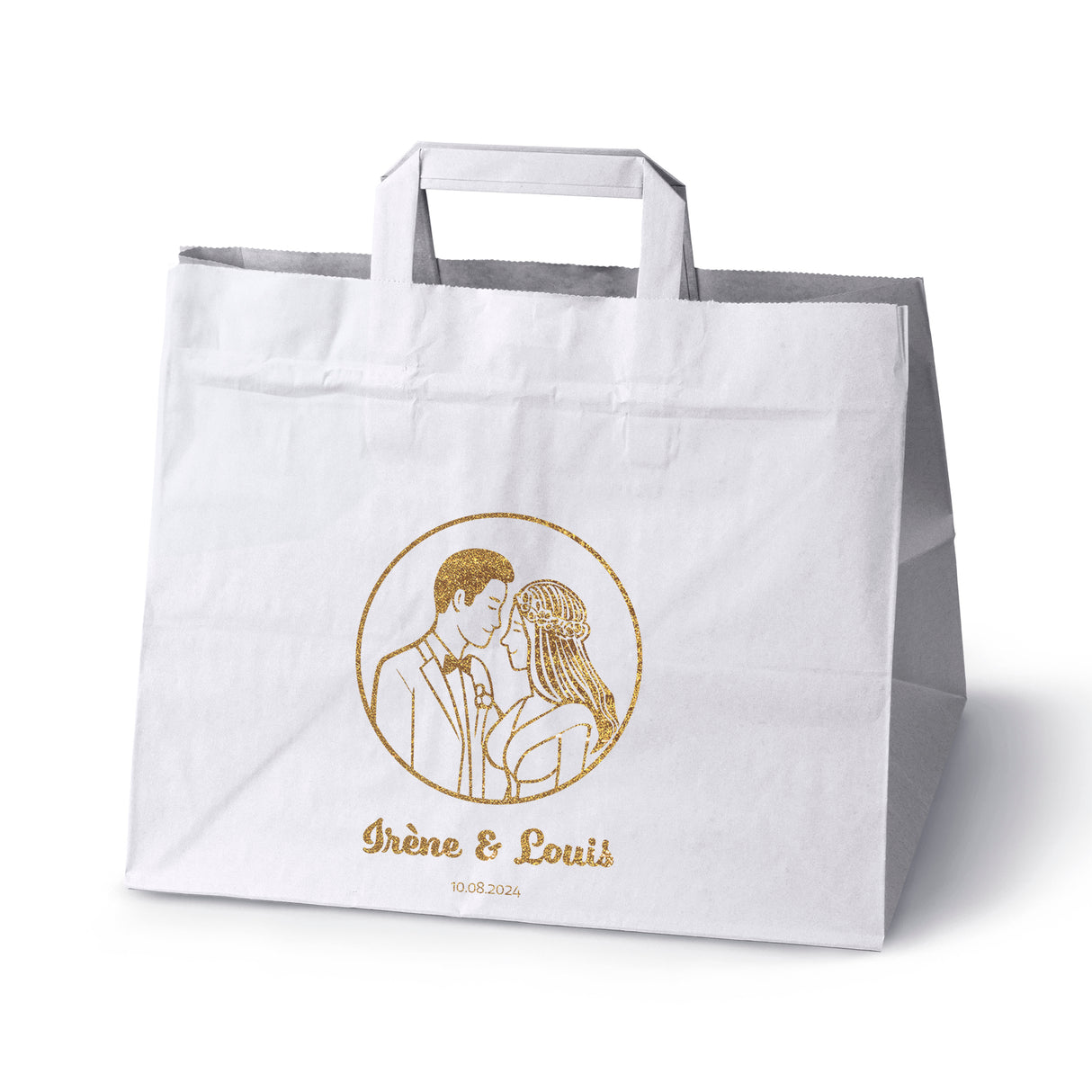 Hochzeitspapiertüten 50 Stück Weiß+Gold 320x220x245mm Braut und Bräutigam NAMEN+DATUM