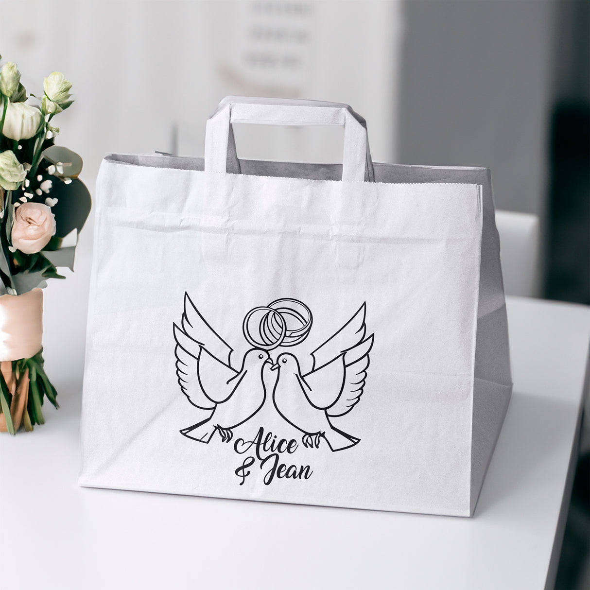 Hochzeitspapiertüten 50 Stück Weiß 320x220x245mm Taube NAMEN