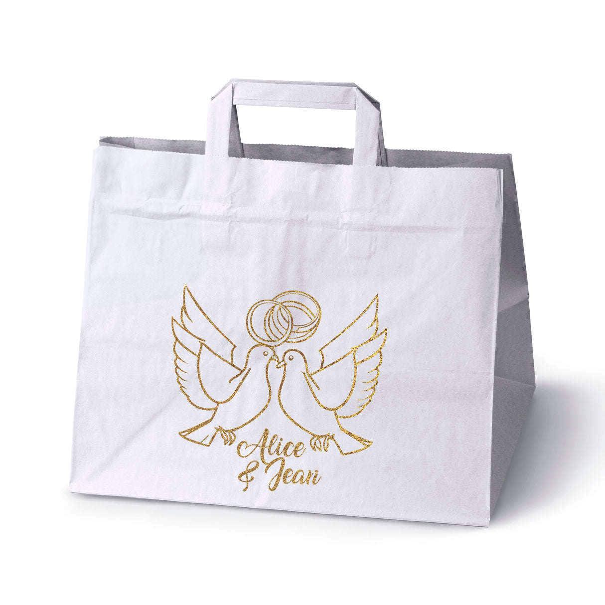 Hochzeitspapiertüten 50 Stück Weiß+Gold 320x220x245mm Taube NAMEN