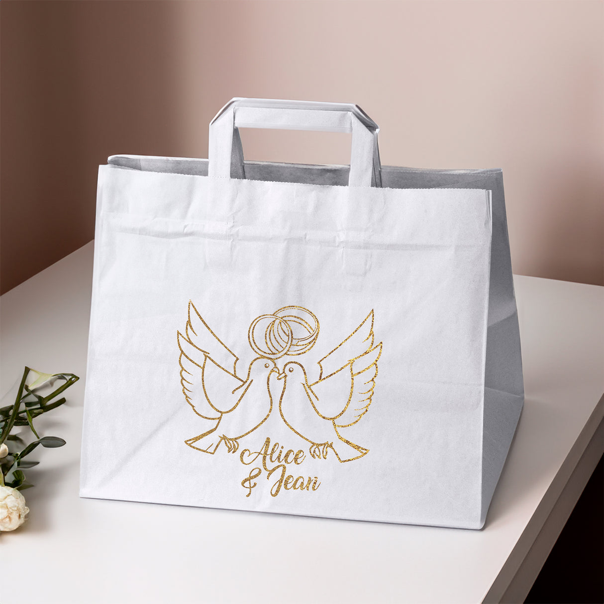 Hochzeitspapiertüten 50 Stück Weiß+Gold 320x220x245mm Taube NAMEN