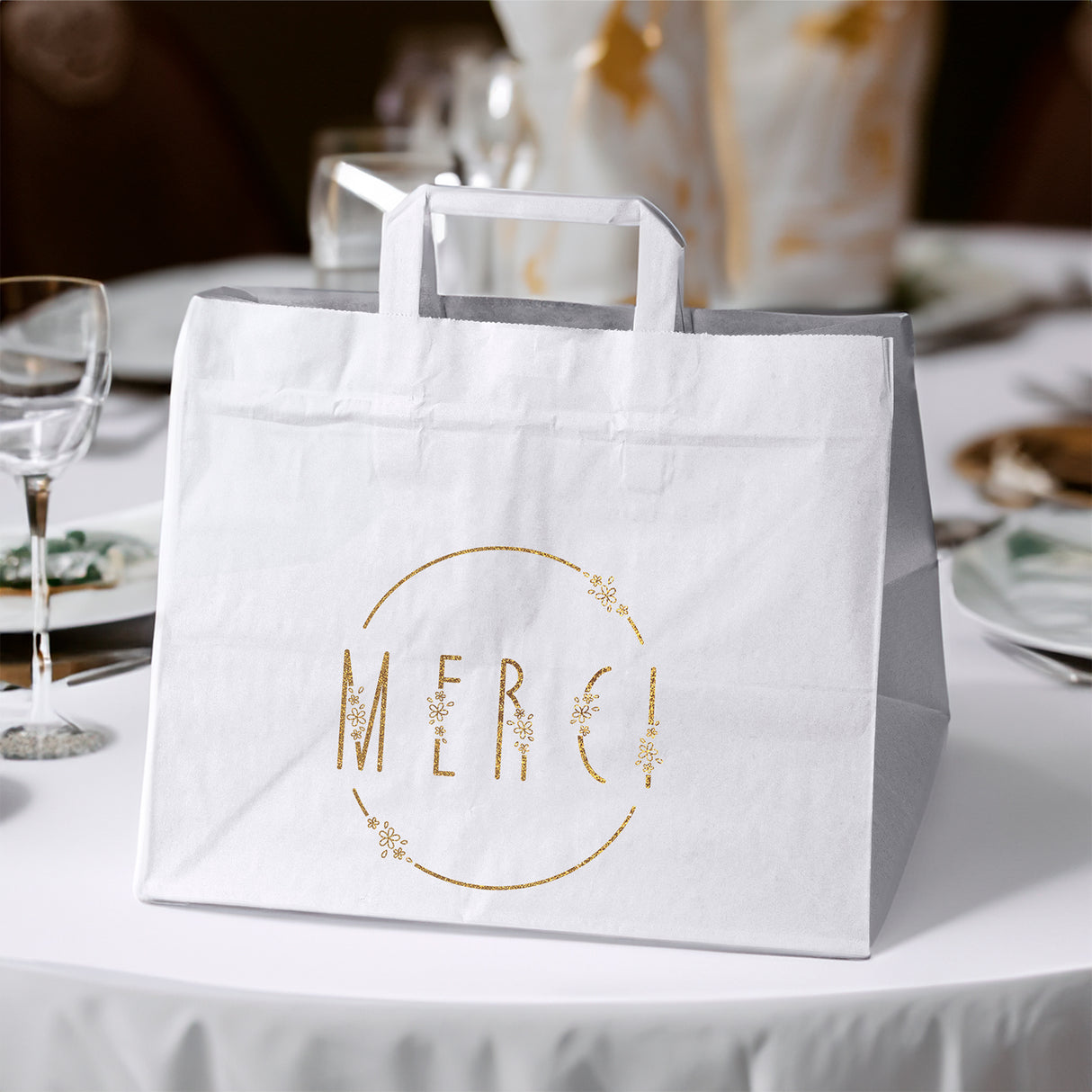 Hochzeitspapiertüten 50 Stück Weiß+Gold 320x220x245mm Dankeschön