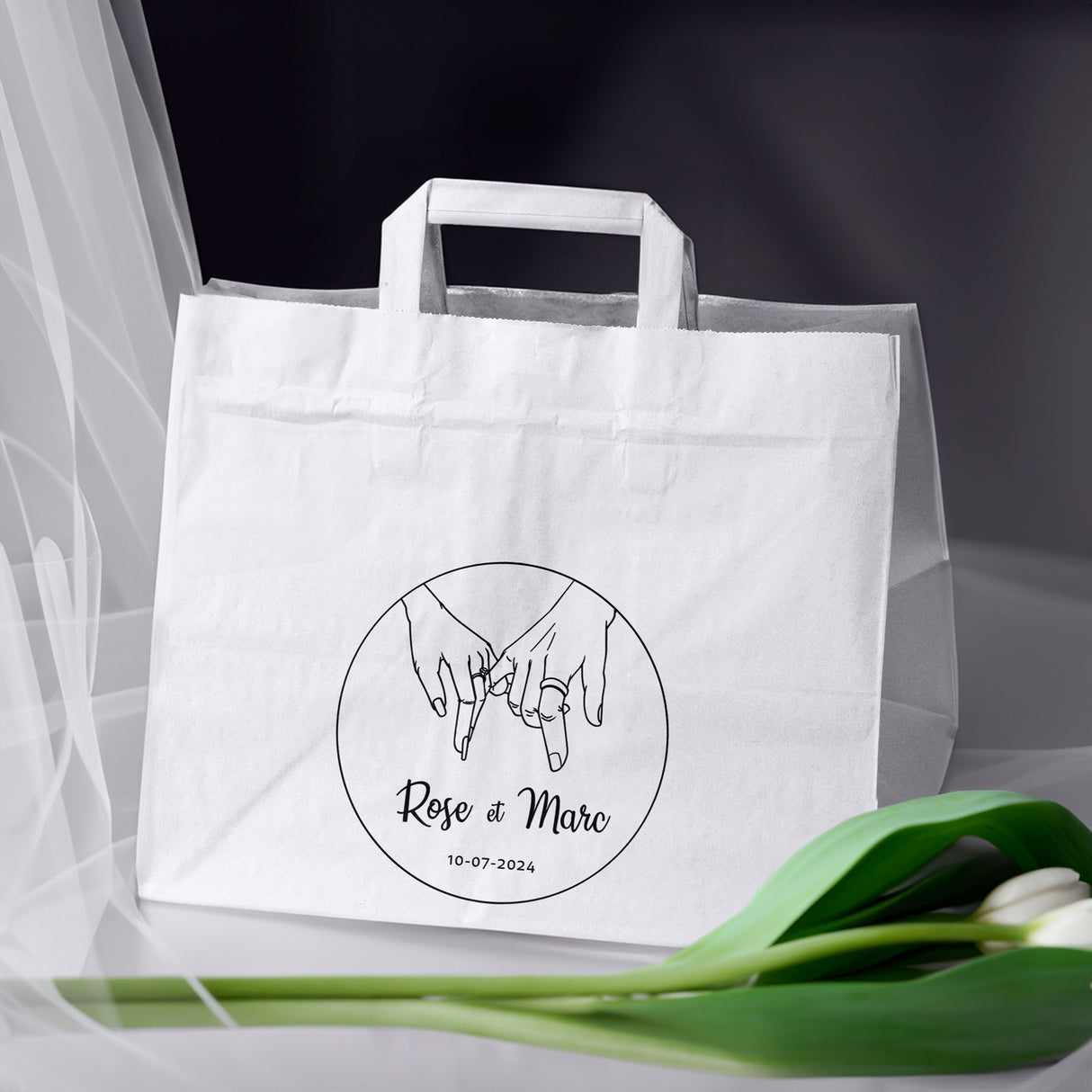 Hochzeitspapiertüten 50 Stück Weiß 320x220x245mm Hände der Braut und des Bräutigams NAMEN+DATUM