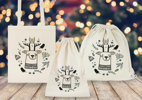 Weihnachtsset Baumwollsäcke + Baumwolltasche + Baumwollrucksäcke Rentier