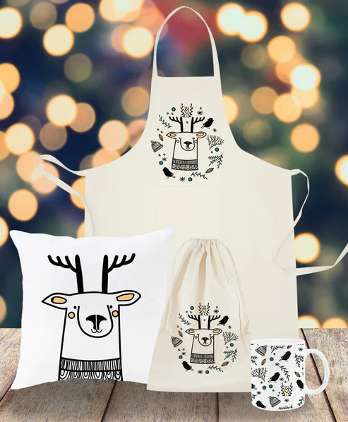 Weihnachtsset Baumwollsäcke + Becher + Kissen + Schürze Rentier