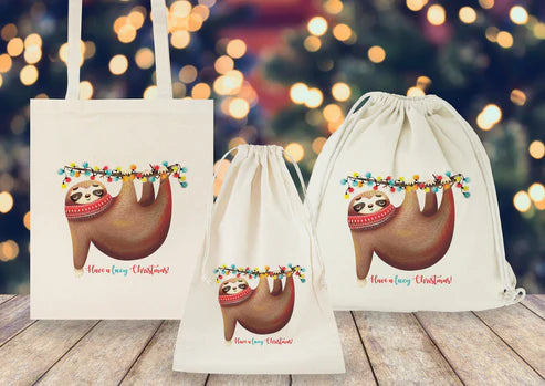 Weihnachtsset Baumwollsäcke + Baumwolltasche + Baumwollrucksäcke Faultier