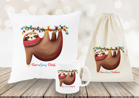 Weihnachtsset Baumwollsäcke + Becher + Kissen Faultier
