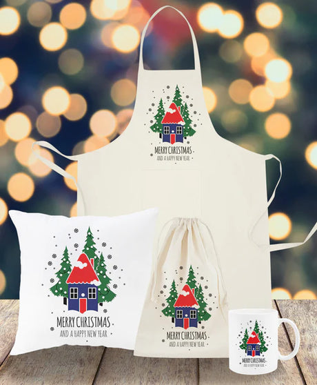 Weihnachtsset Baumwollsäcke + Becher + Kissen + Schürze Haus