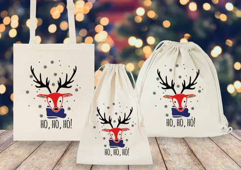 Weihnachtsset Baumwollsäcke + Baumwolltasche + Baumwollrucksäcke Rentier