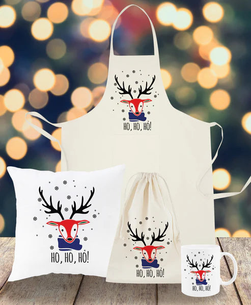 Weihnachtsset Baumwollsäcke + Becher + Kissen + Schürze Rentier