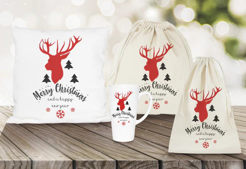 Weihnachtsset Baumwolltasche + Baumwollsäcke + Kissen + Becher Rentier