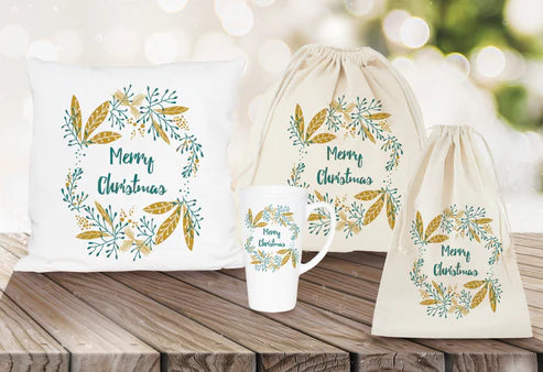 Weihnachtsset Baumwolltasche + Baumwollsäcke + Kissen + Becher Blätter