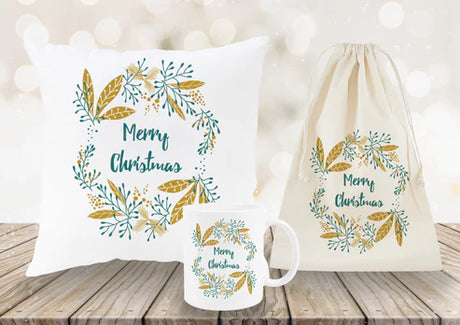 Weihnachtsset Baumwollsäcke + Becher + Kissen Blätter