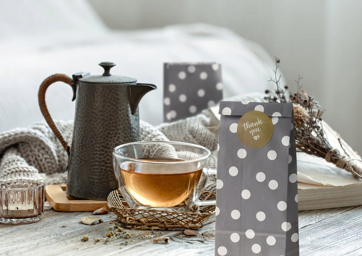 Papiertüten ohne Griff 100x65x260mm mit Tupfen - Grau + THANK YOU GOLD Aufkleber