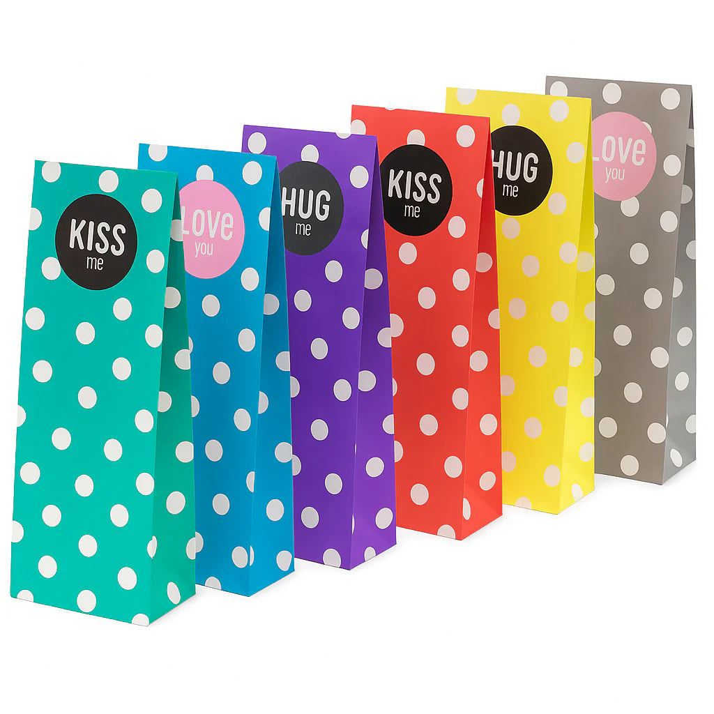 Papiertüten für Süßigkeiten 100x70x280mm (6 Stück) - HUG KISS LOVE