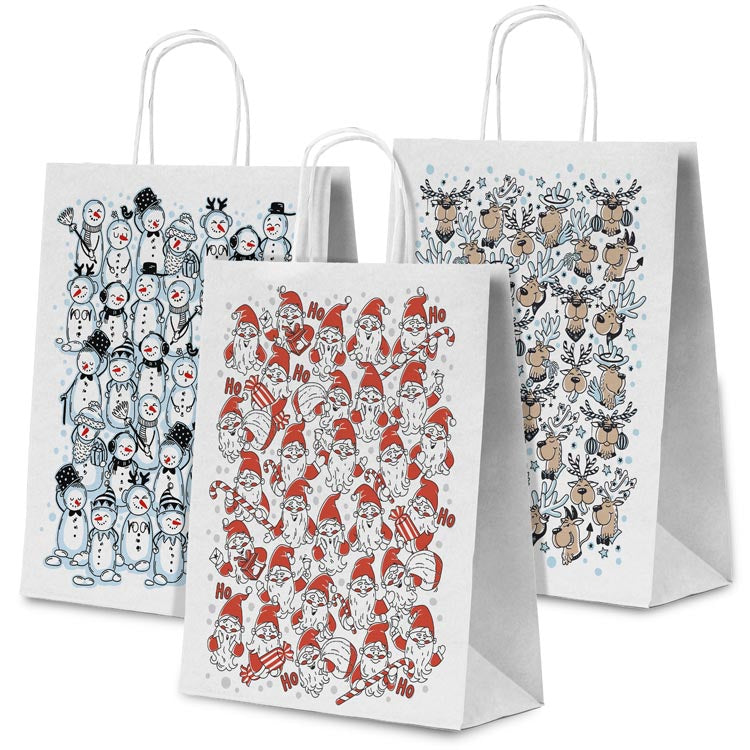 3xWeihnachtliche Papiertüte Weihnachtsmann/ Rentier/Schneemann SET