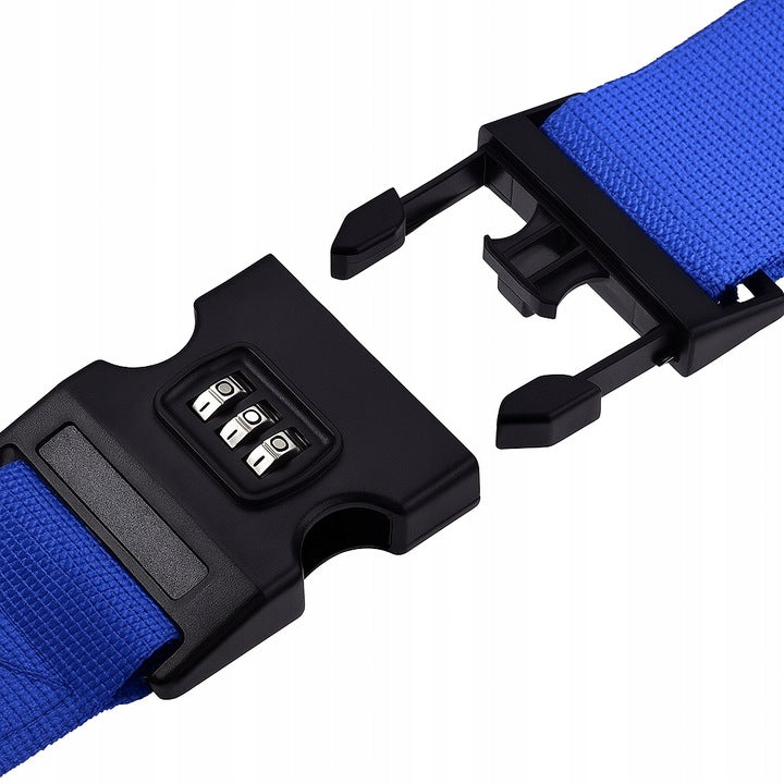 Blauer Gürtel für einen Koffer mit einem verschlüsselten Schloss