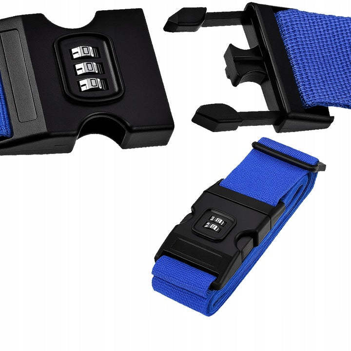 Blauer Gürtel für einen Koffer mit einem verschlüsselten Schloss