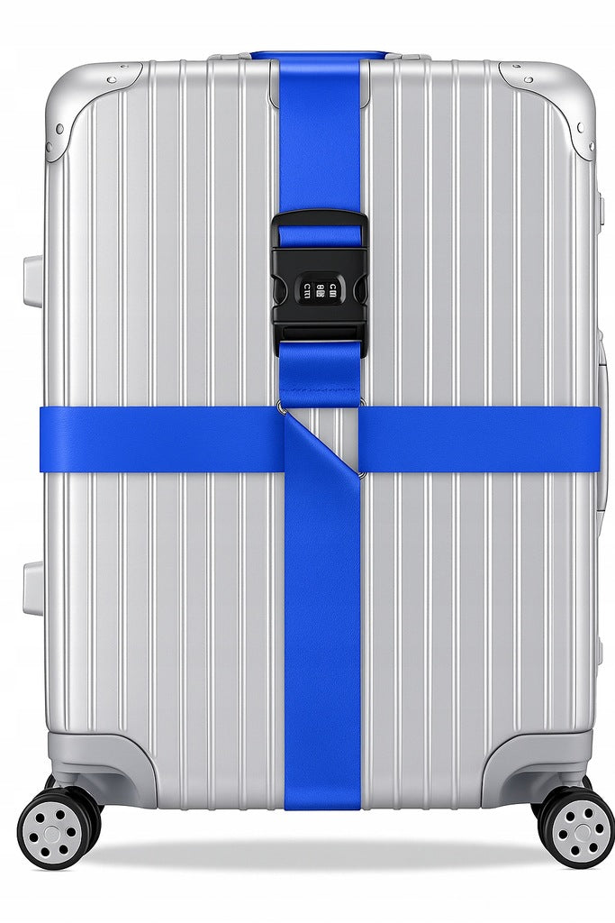 Blauer Gürtel für einen Koffer mit einem verschlüsselten Schloss