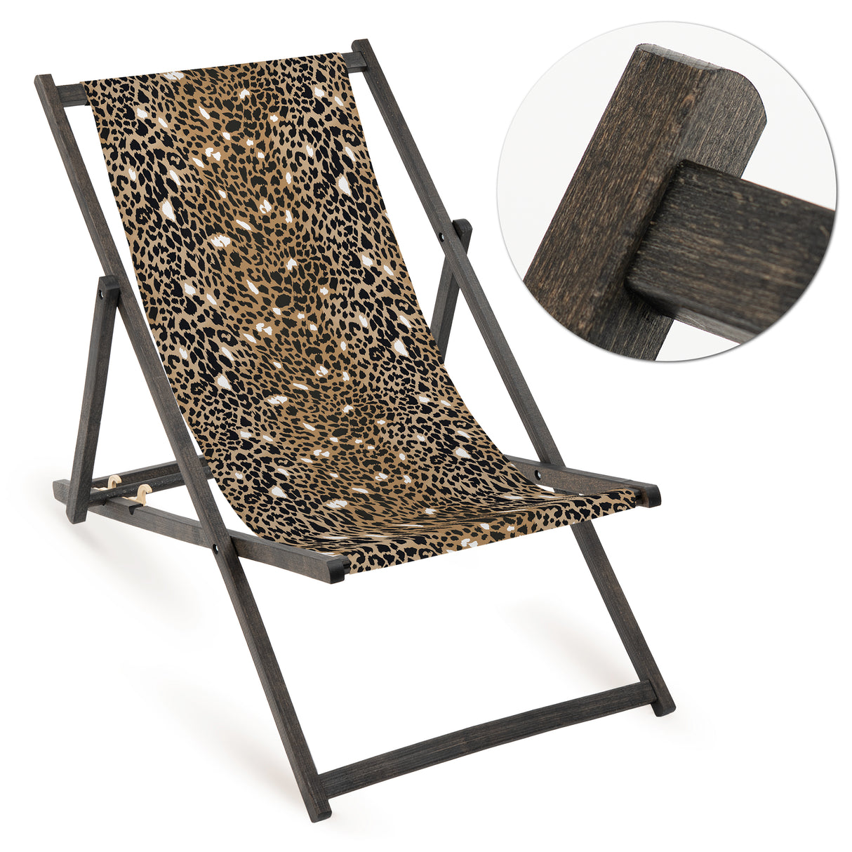 Holz-Liegestuhl Leopard Fullprint mit schwarzem Gestell