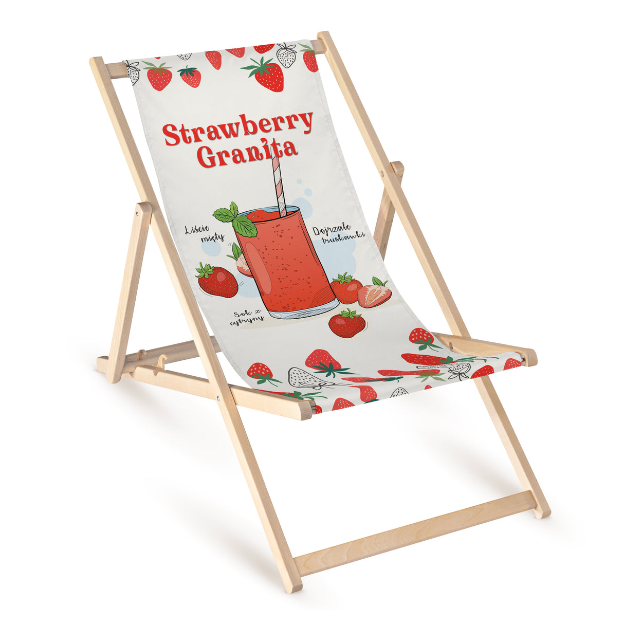 Liegestuhl aus Holz mit Strawberry Granita-Aufdruck
