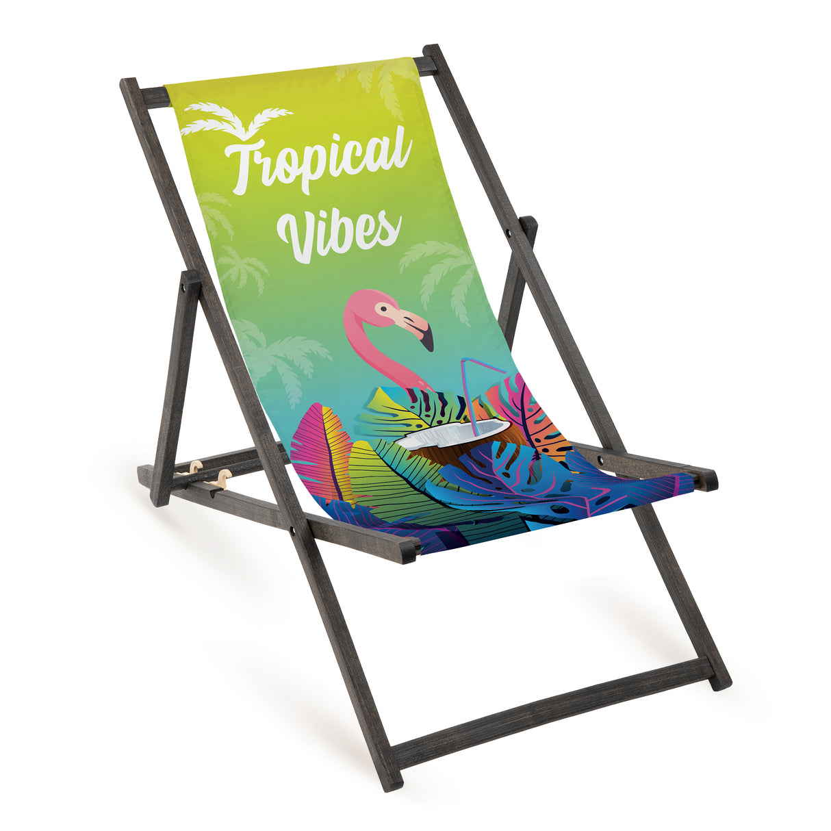 Holz-Liegestuhl Tropical Vibes Fullprint mit schwarzem Gestell