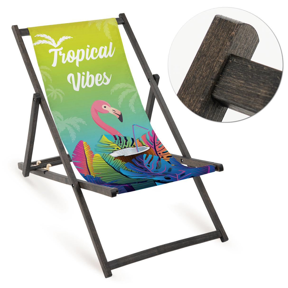 Holz-Liegestuhl Tropical Vibes Fullprint mit schwarzem Gestell