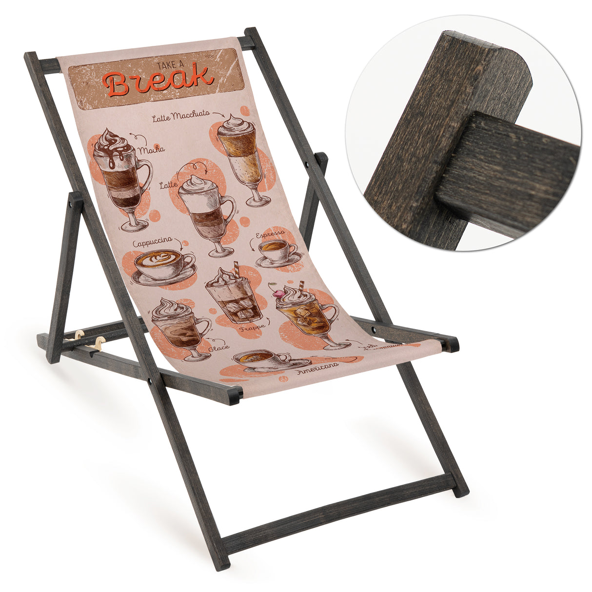 Holz-Liegestuhl Take a Break Fullprint mit schwarzem Gestell