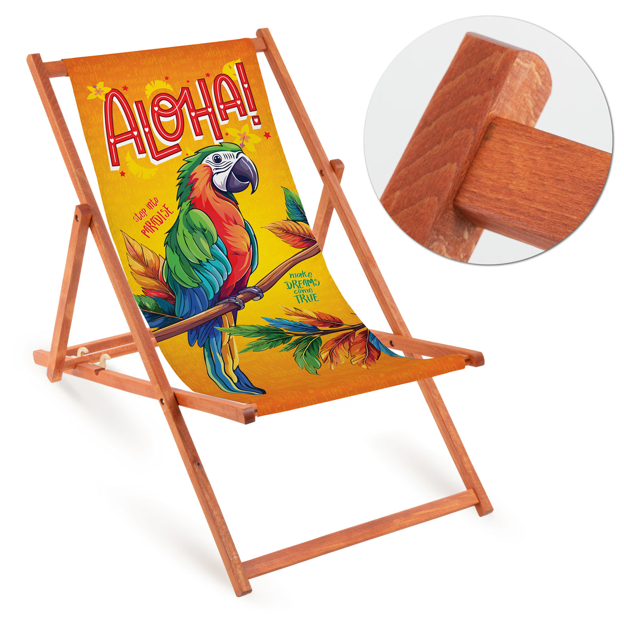 Holz-Liegestuhl Aloha Fullprint mit orangefarbenem Gestell