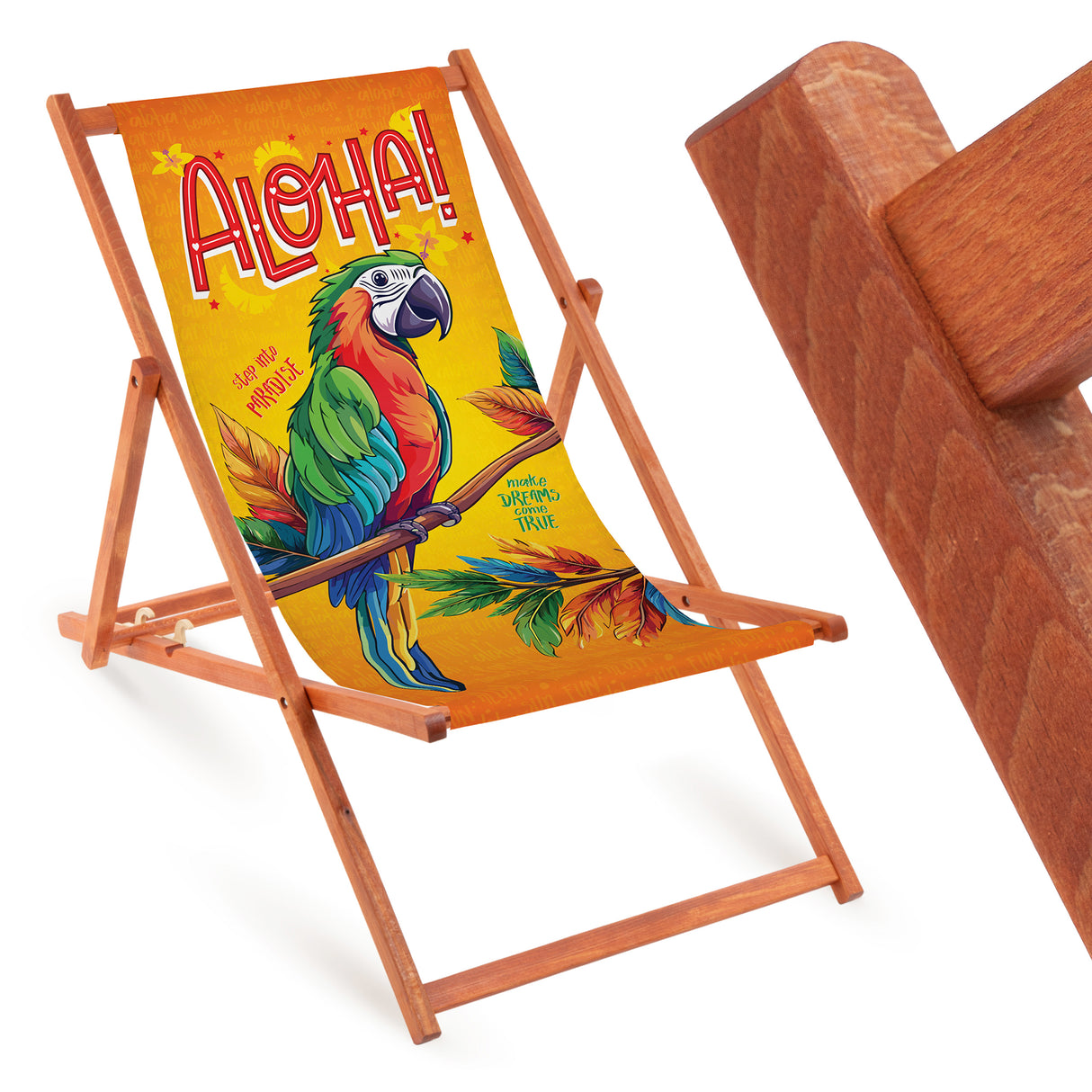 Holz-Liegestuhl Aloha Fullprint mit orangefarbenem Gestell