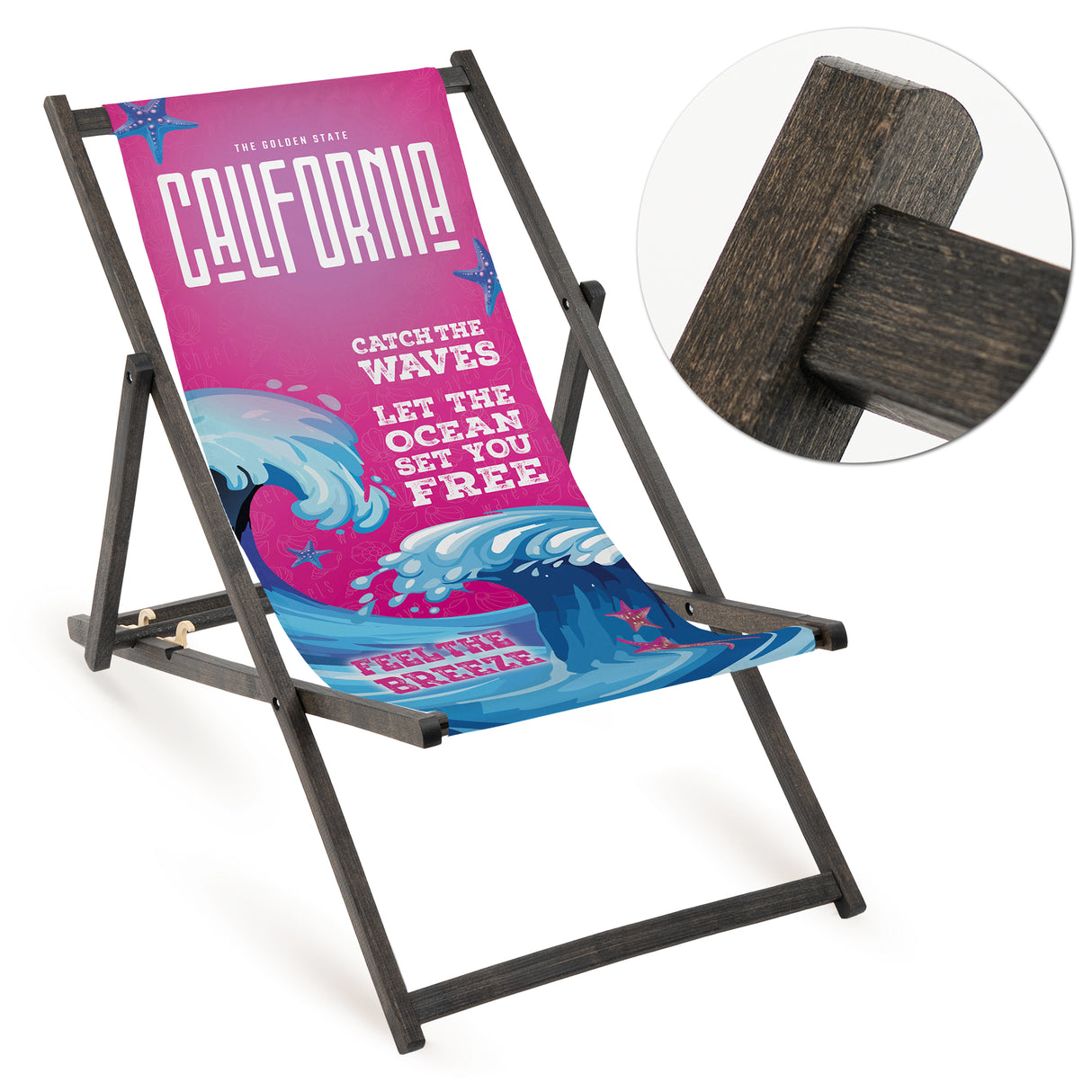 Holz-Liegestuhl Catch the Waves Fullprint mit schwarzem Gestell