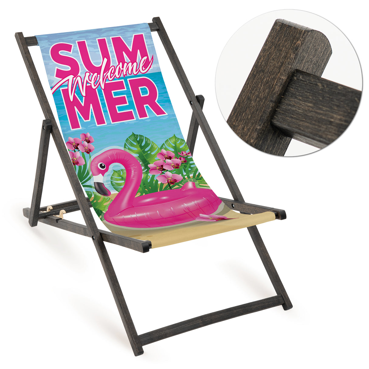 Holz-Liegestuhl Welcome Summer Fullprint mit schwarzem Gestell