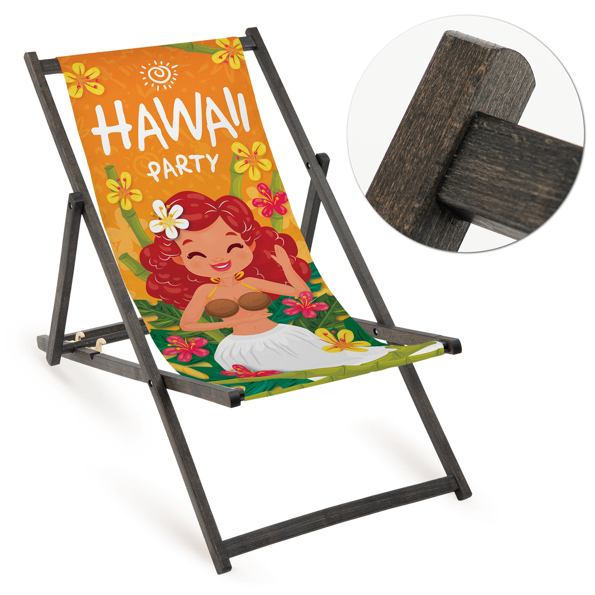 Holz-Liegestuhl Hawaii Party Fullprint mit schwarzem Gestell