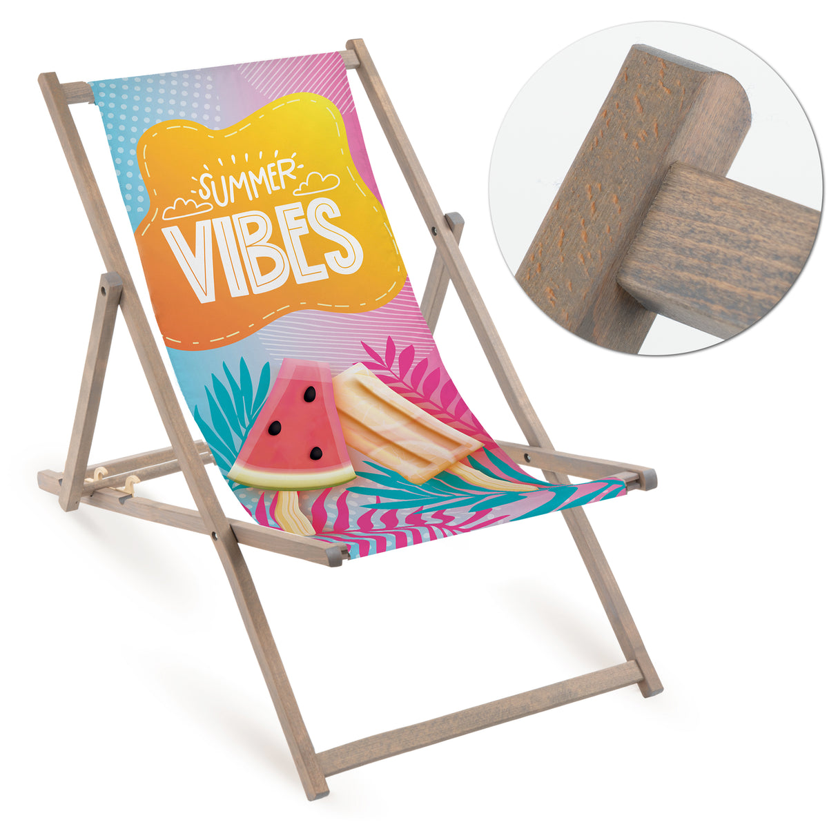 Holz-Liegestuhl Summer Vibes Fullprint mit grauem Gestell