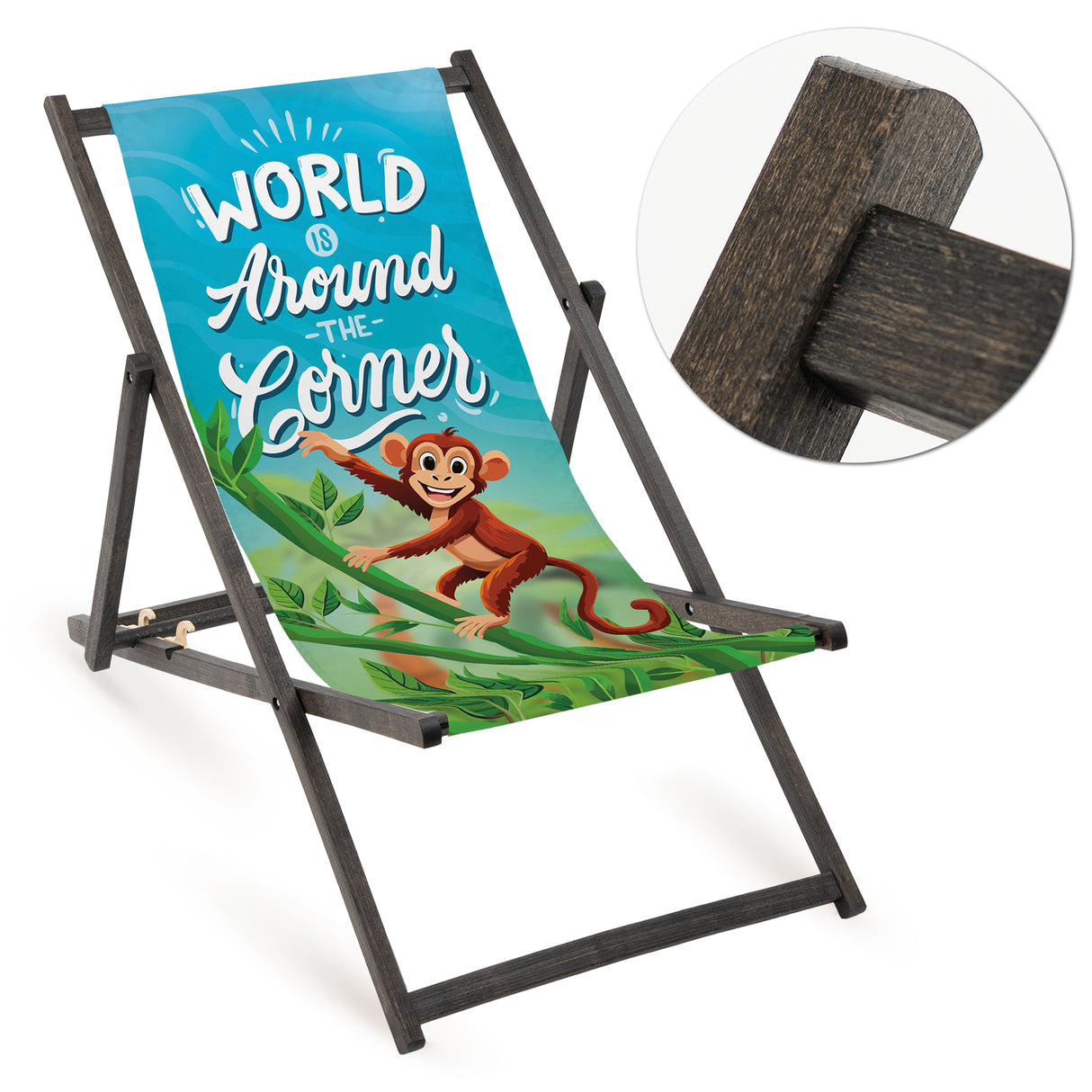 Holz-Liegestuhl World Is Around The Corner Fullprint mit schwarzem Gestell