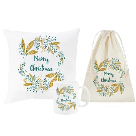 Weihnachtsset Baumwollsäcke + Becher + Kissen Blätter