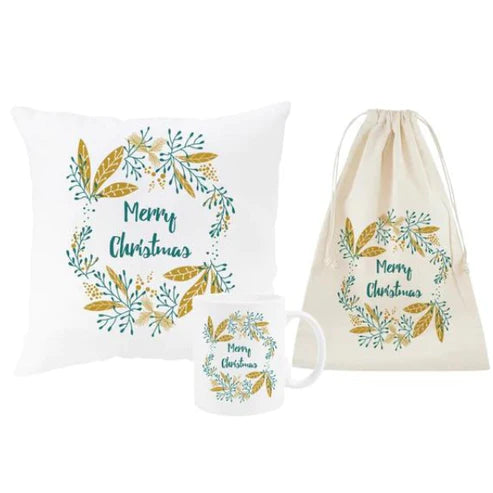 Weihnachtsset Baumwollsäcke + Becher + Kissen Blätter