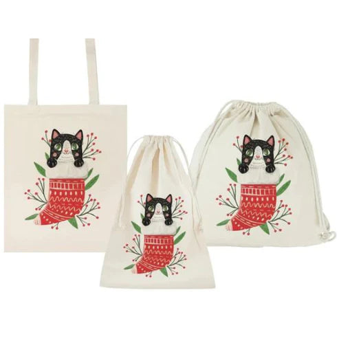 Weihnachtsset Baumwollsäcke + Baumwolltasche + Baumwollrucksäcke Katze