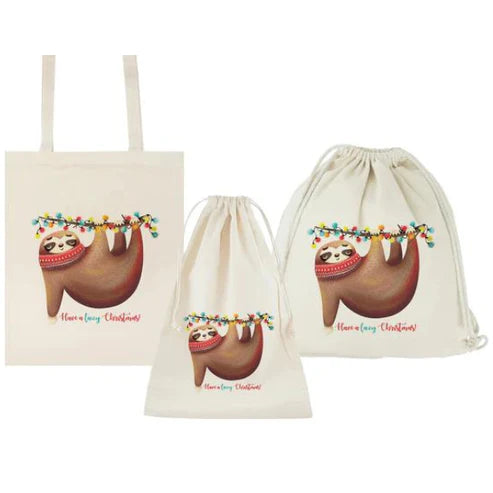 Weihnachtsset Baumwollsäcke + Baumwolltasche + Baumwollrucksäcke Faultier