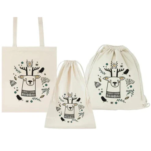 Weihnachtsset Baumwollsäcke + Baumwolltasche + Baumwollrucksäcke Rentier