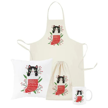 Weihnachtsset Baumwollsäcke + Becher + Kissen + Schürze Kätzchen