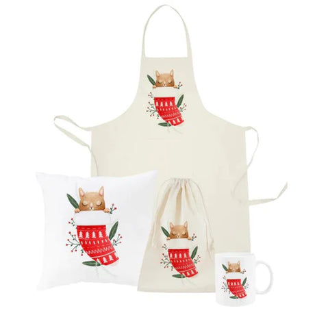 Weihnachtsset Baumwollsäcke + Becher + Kissen + Schürze Katze