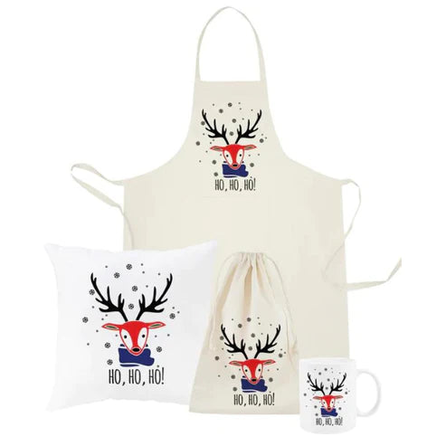 Weihnachtsset Baumwollsäcke + Becher + Kissen + Schürze Rentier
