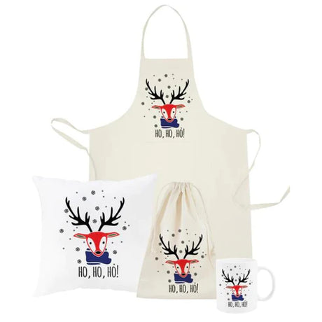 Weihnachtsset Baumwollsäcke + Becher + Kissen + Schürze Rentier