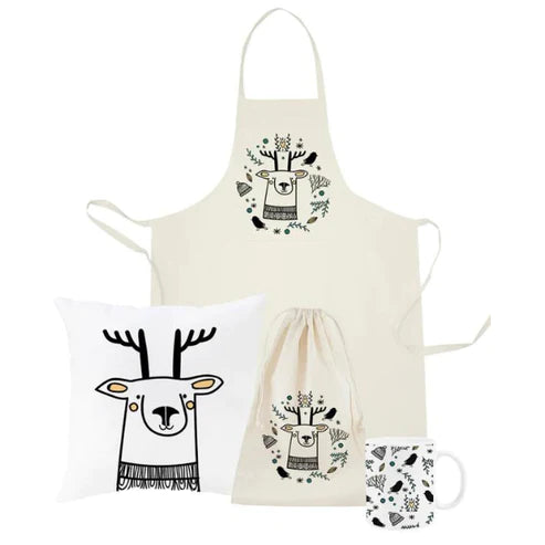 Weihnachtsset Baumwollsäcke + Becher + Kissen + Schürze Rentier