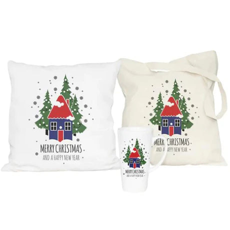 Weihnachtsset Baumwolltasche + Becher + Kissen Haus