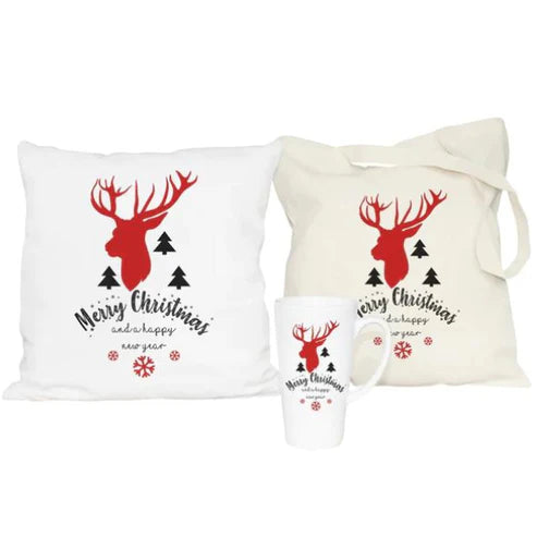 Weihnachtsset Baumwolltasche + Becher + Kissen Reh