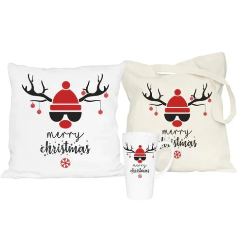 Weihnachtsset Baumwolltasche + Becher + Kissen Rentier