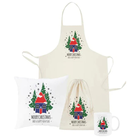 Weihnachtsset Baumwollsäcke + Becher + Kissen + Schürze Haus