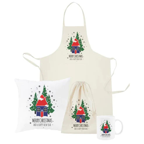Weihnachtsset Baumwollsäcke + Becher + Kissen + Schürze Haus